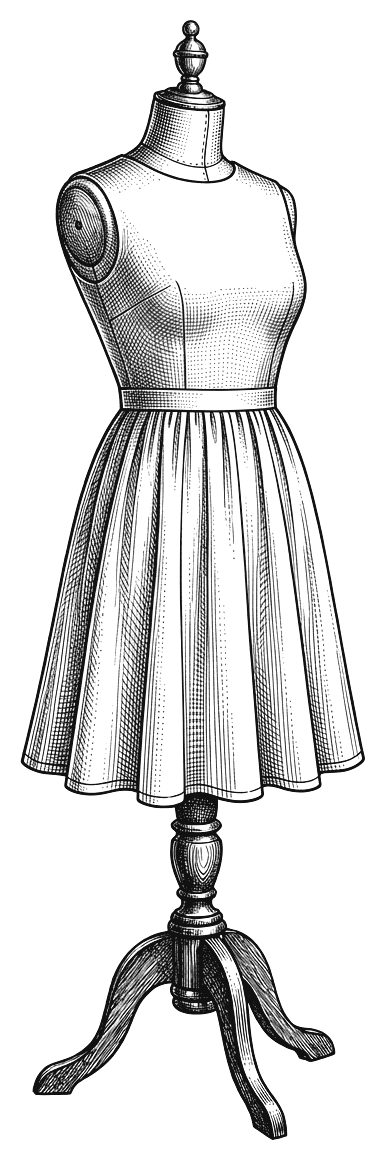 Gravure d’une robe cousue sur un mannequin de couturière