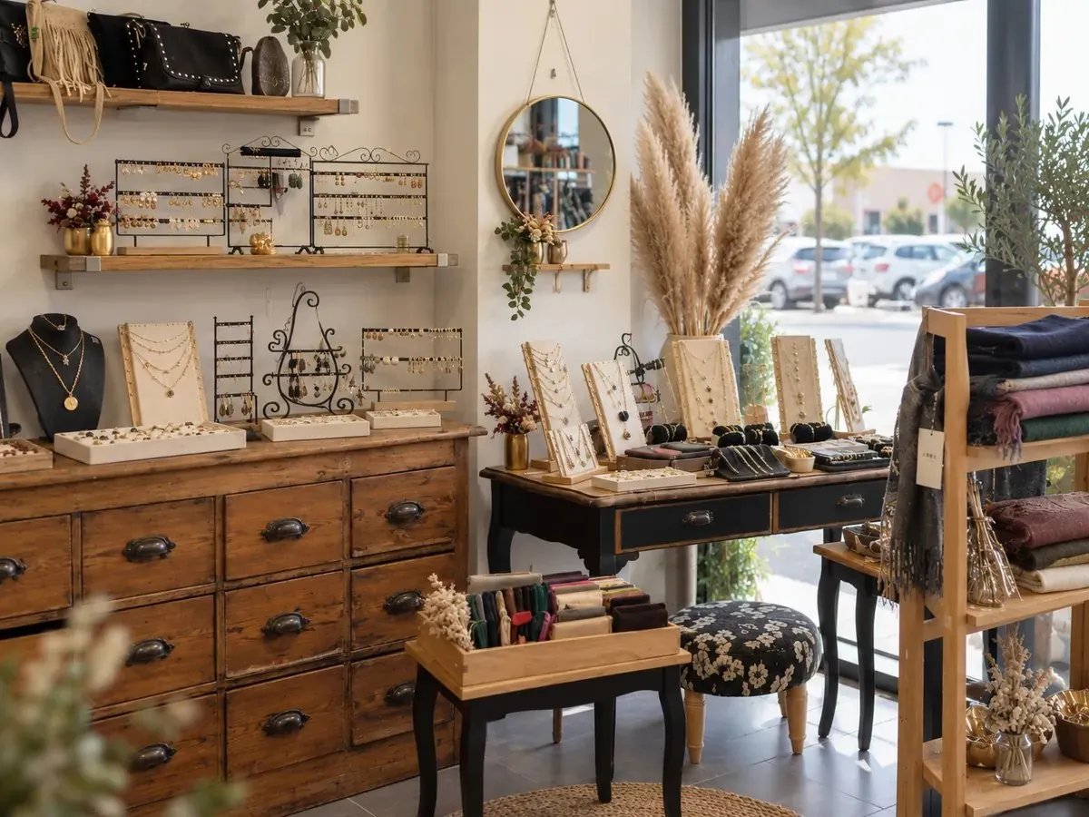 Coin boutique avec bijoux, accessoires et mobilier ancien