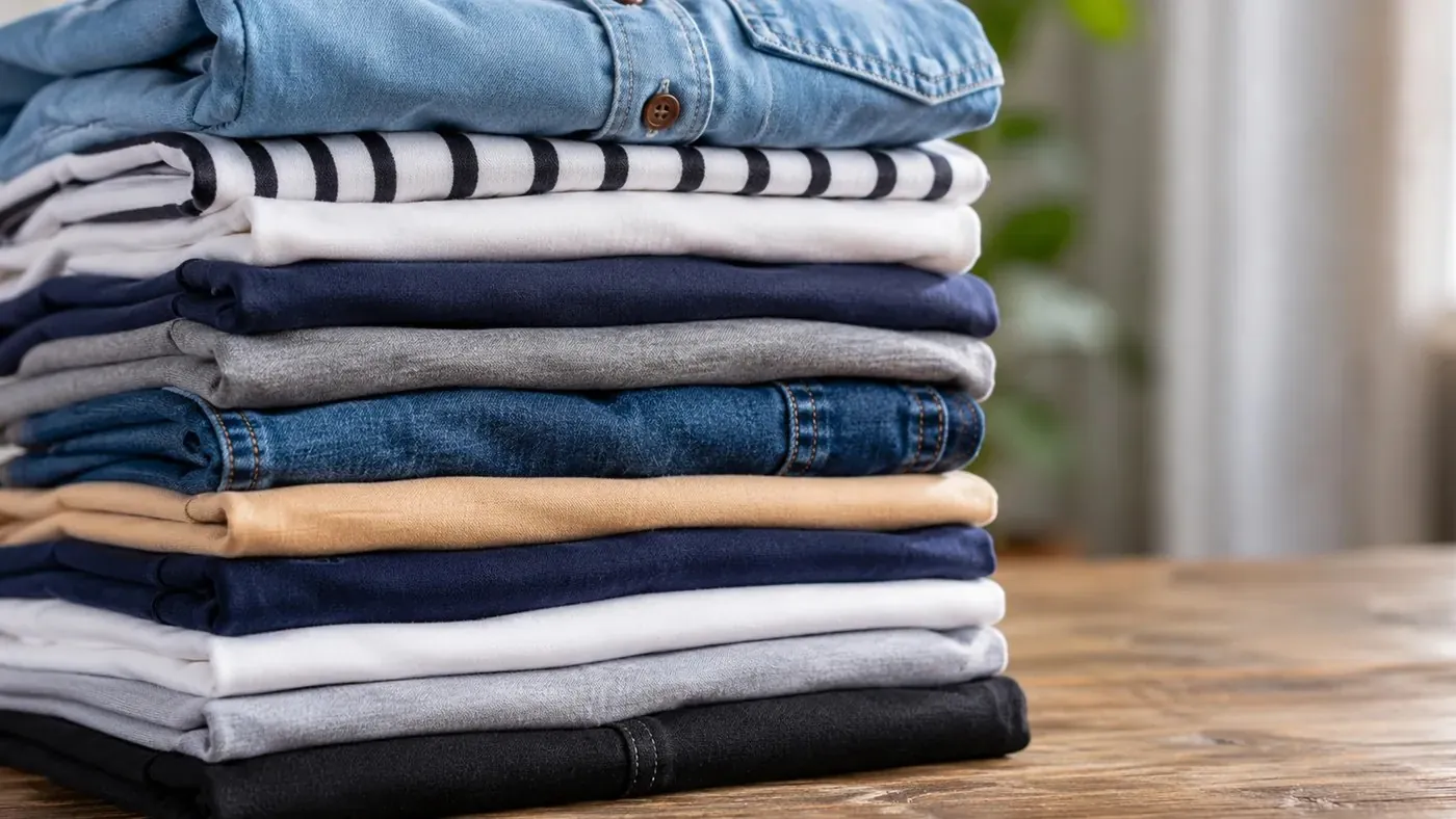 Pile de vêtements propres et pliés prêts à être rendus